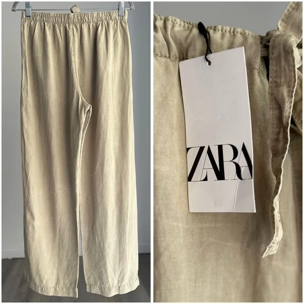 NWT ZARA ZW COLLECTION PAJAMA PANTS LIGHT KHAKI GREEN SMALL